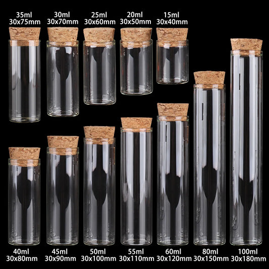 15ml/25ml/30ml/35ml/40ml/45ml/50ml/55ml/60ml/80ml/100ml Small Glass Test Tube with Cork Stopper Dragees Jars Bottles 24 pieces