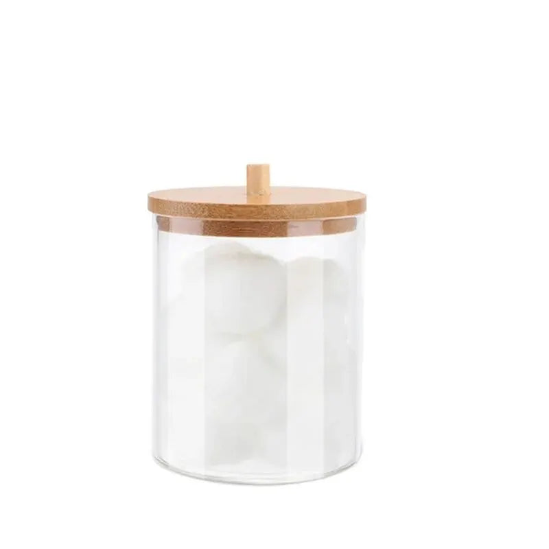 (3pcs)Cotton Swab Storage Box Bamboo Cover Acrylic Portable Circular Container Makeup Cotton Puff Storage