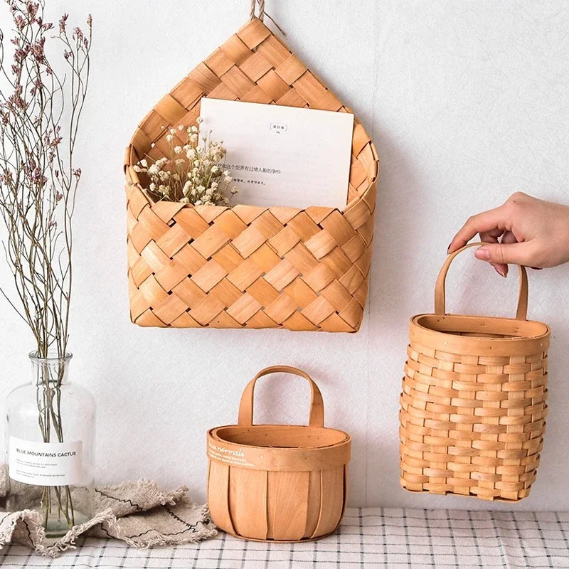 Fruit Flower Baskets Handmade Hanging Baskets for Home Kitchen Decor Woven Sundries Storage Organizer Wood Wall Flower Pot