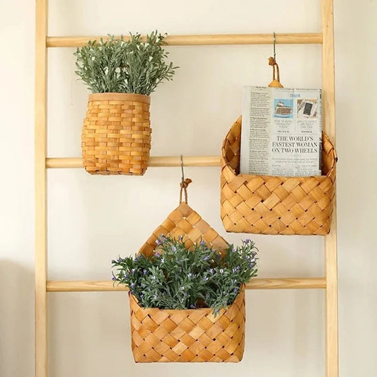 Fruit Flower Baskets Handmade Hanging Baskets for Home Kitchen Decor Woven Sundries Storage Organizer Wood Wall Flower Pot