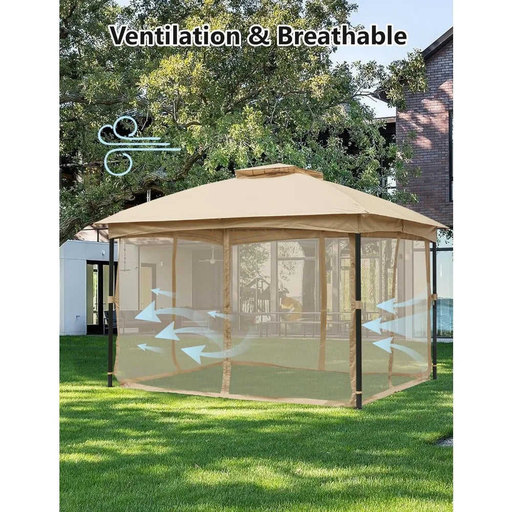 Patio Canopy Gazebo,10x12, Sturdy Metal Gazebo with Mosquito Netting and Double Air Roofs,Waterproof Sunshade for Deck/Backyard