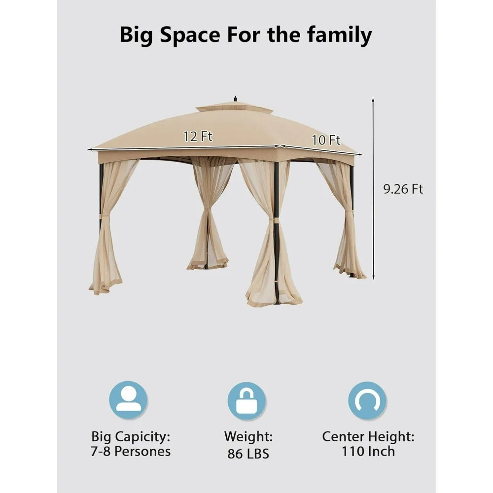 Patio Canopy Gazebo,10x12, Sturdy Metal Gazebo with Mosquito Netting and Double Air Roofs,Waterproof Sunshade for Deck/Backyard