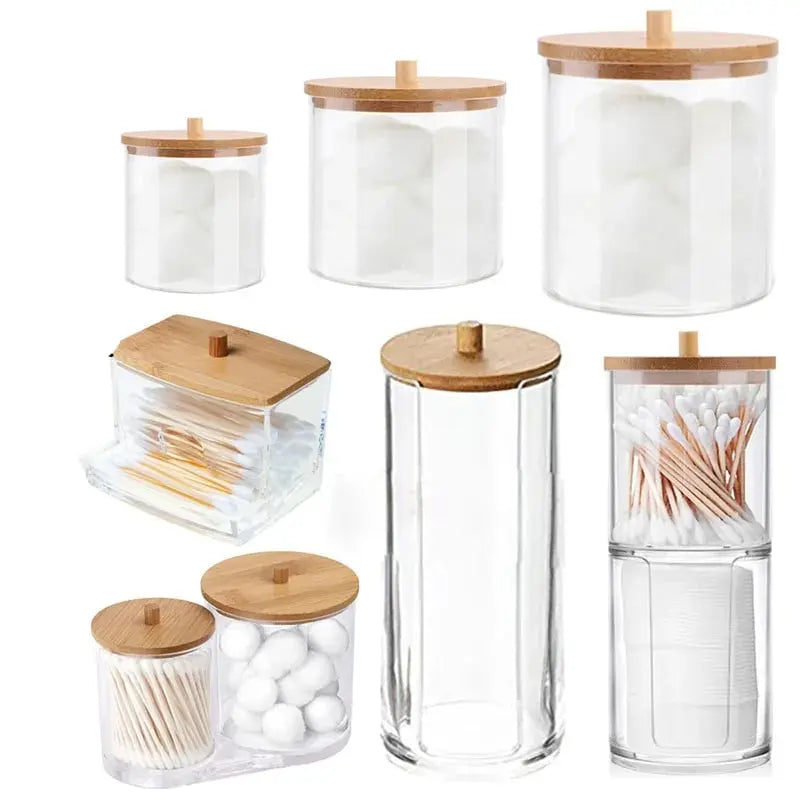 (3pcs)Cotton Swab Storage Box Bamboo Cover Acrylic Portable Circular Container Makeup Cotton Puff Storage