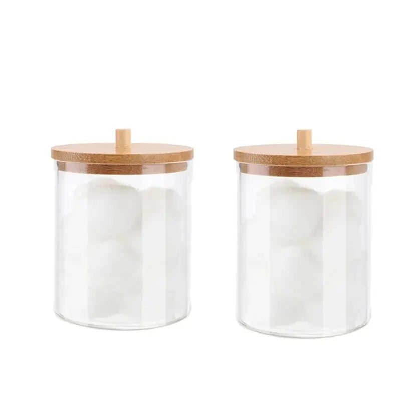 (3pcs)Cotton Swab Storage Box Bamboo Cover Acrylic Portable Circular Container Makeup Cotton Puff Storage