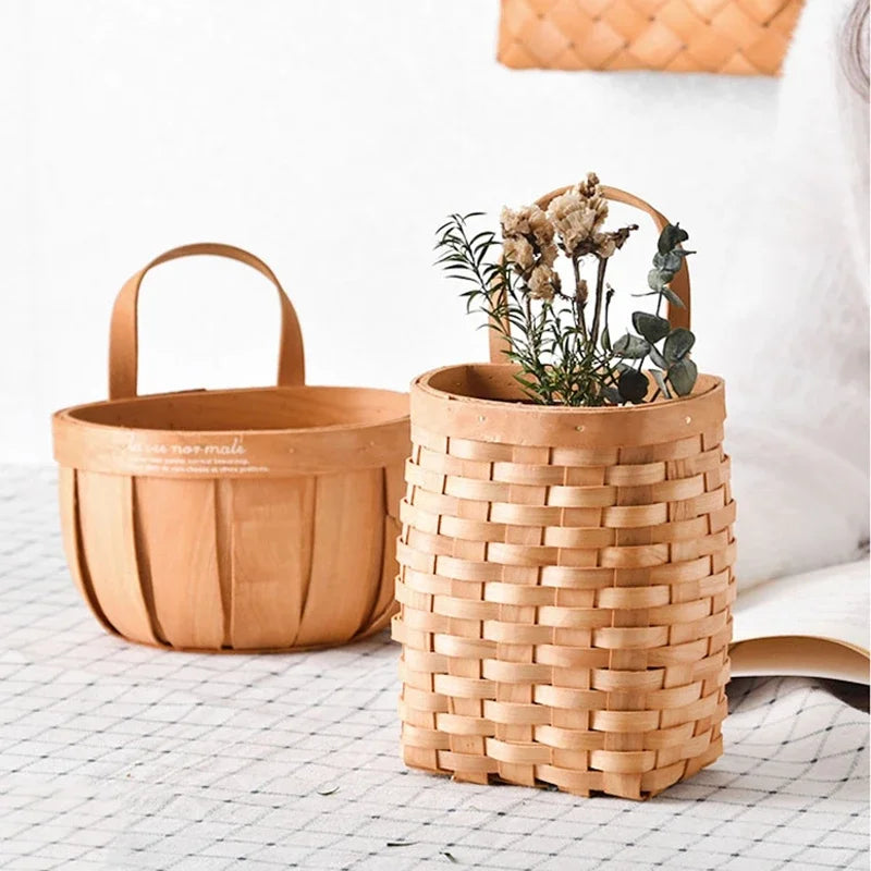 Fruit Flower Baskets Handmade Hanging Baskets for Home Kitchen Decor Woven Sundries Storage Organizer Wood Wall Flower Pot