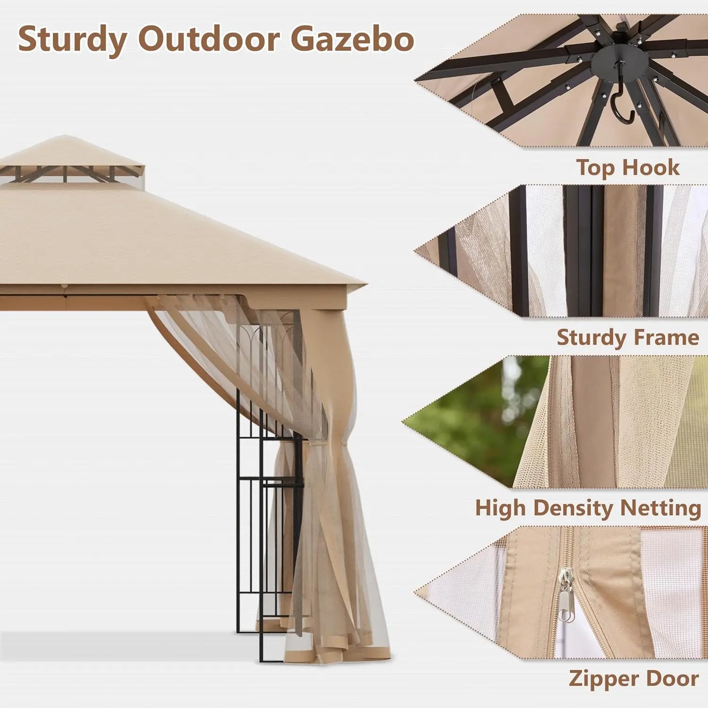 10x10/10x12/8x8 Patio Gazebo with Mosquito Netting, Patio Canopy with Heavy Duty Frame,Gazebo Tent with Double Air Roofs